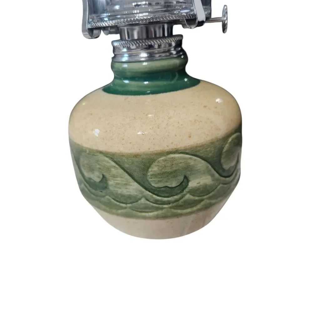 Vintage Oil Lantern Farmhouse Ceramic Green Cream Country with Glass Hurricane